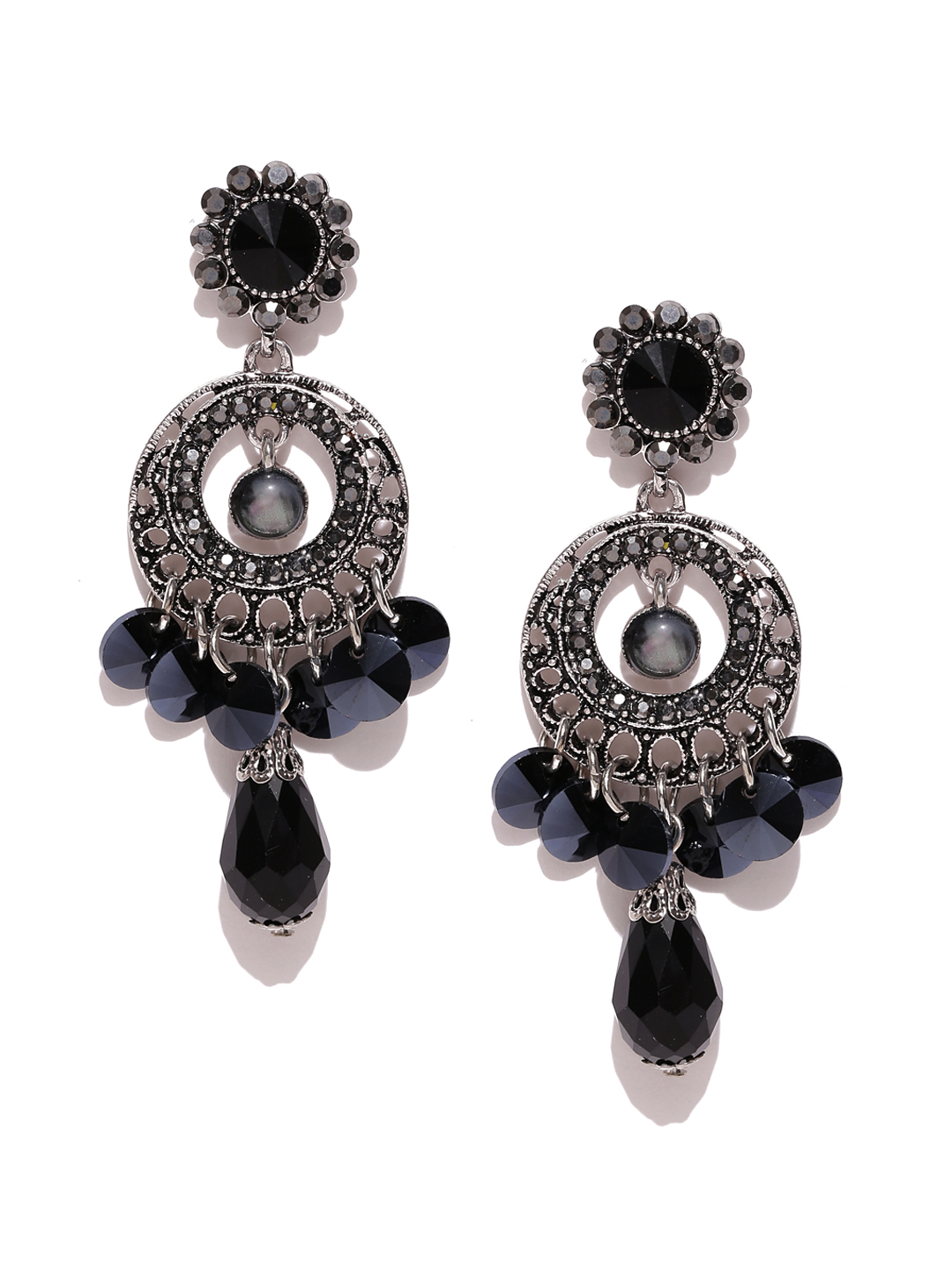 YouBella Black Silver-Plated Stone-Studded Drop Earrings
